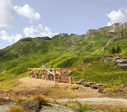Dieses Bild zeigt zwei Kinder, die im Motorikweg auf der Schlossalm balancieren 