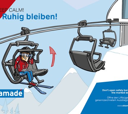 Dieses Bild zeigt eine Pistenregel, die besagt, dass man den Liftbügel erst im gekennzeichneten Bereich öffnen soll