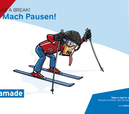 Dieses Bild zeigt eine Pistenregel, die besagt, dass man regelmäßig Pausen einlegen soll