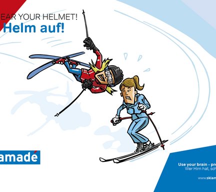 Dieses Bild zeigt eine Pistenregel, die besagt, dass man einen Helm Tragen soll